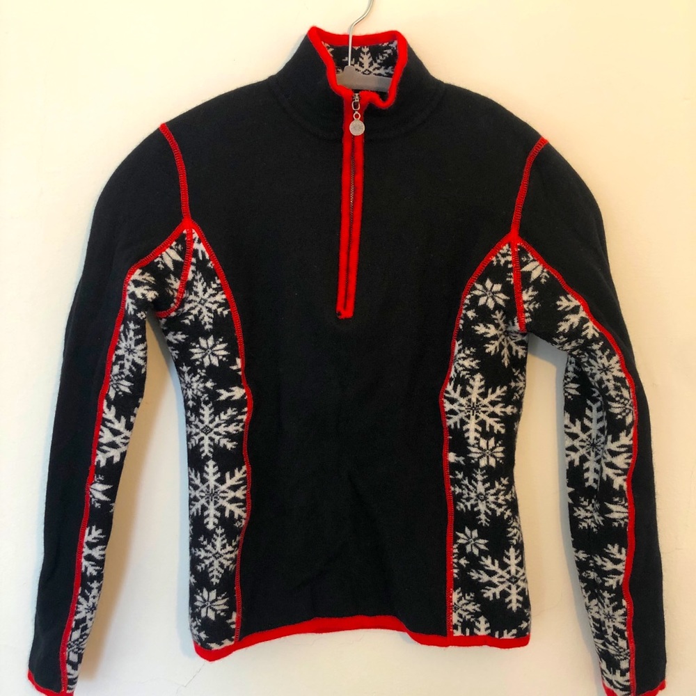 S Women’s Winter Sweater. Black, White and Red 3/4 zip winter sweater
